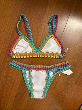 White Crochet-Trim Bikini Set with Turquoise & Bright Accent Colors